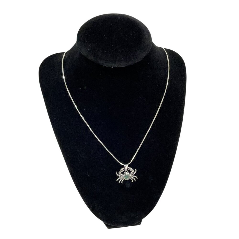 Crab Pendant Necklace Silver Tone Green Stone Ocean Sea Life Fashion Jewelry